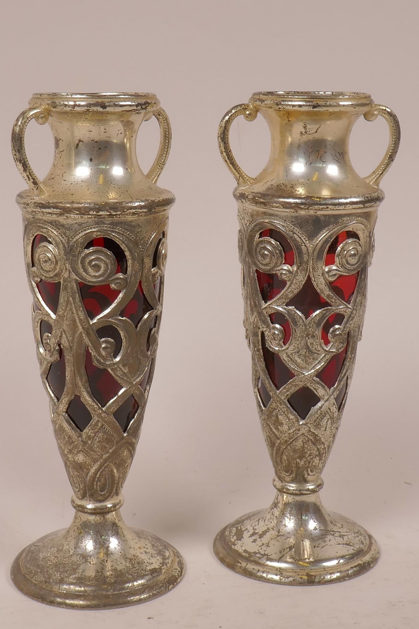 A pair of Japanese pierced plated antimony specimen vases with cranberry glass lines, 7" high - Image 2 of 2