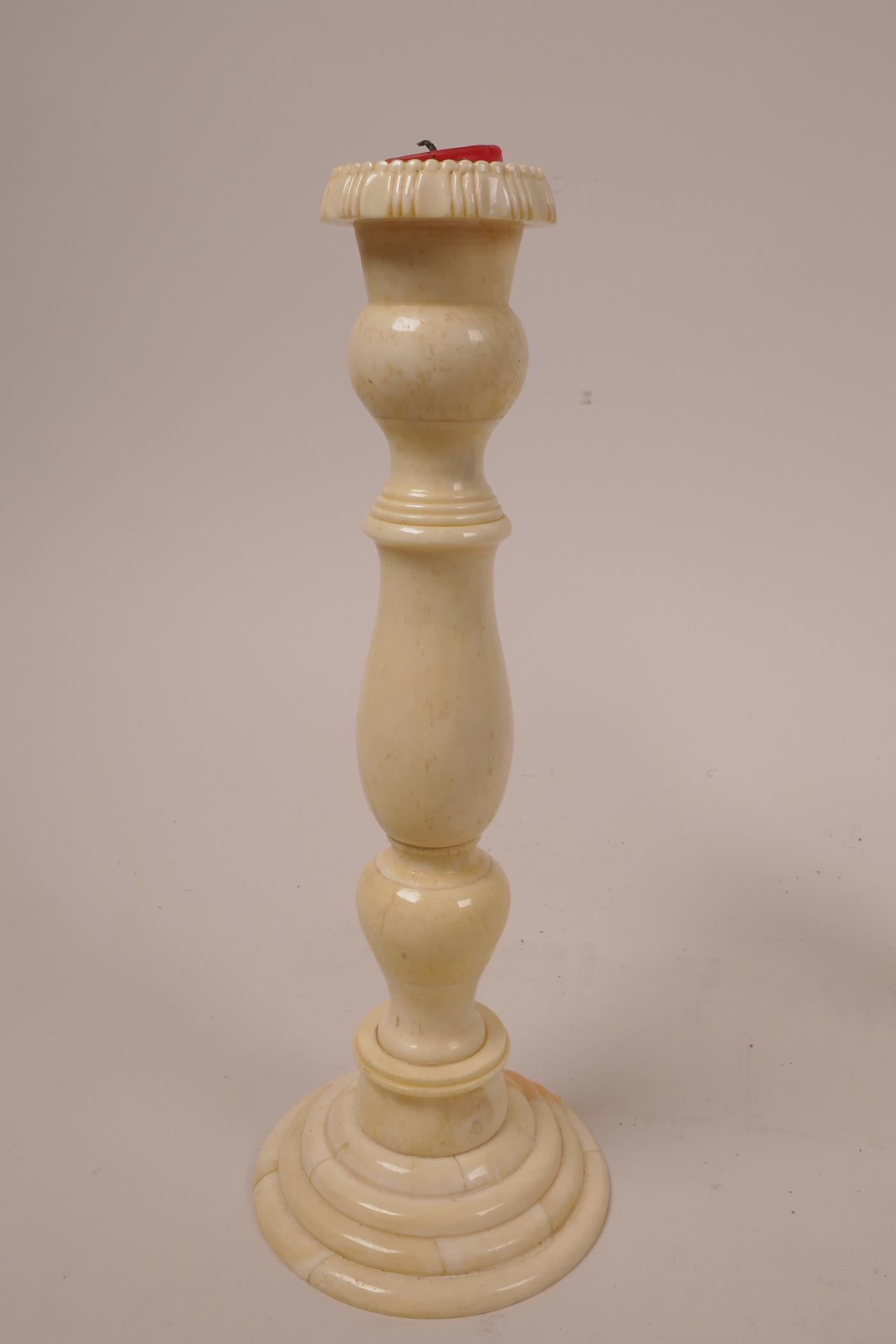 A pair of C19th bone candlesticks with turned columns, 8" high x 3" wide - Image 2 of 5