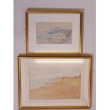 View of a lake from a balcony, signed Alfred Hayward, watercolour, and figures on a beach, inscribed