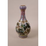 A Chinese polychrome porcelain garlic head vase, decorated with deer in a woodland, seal mark to