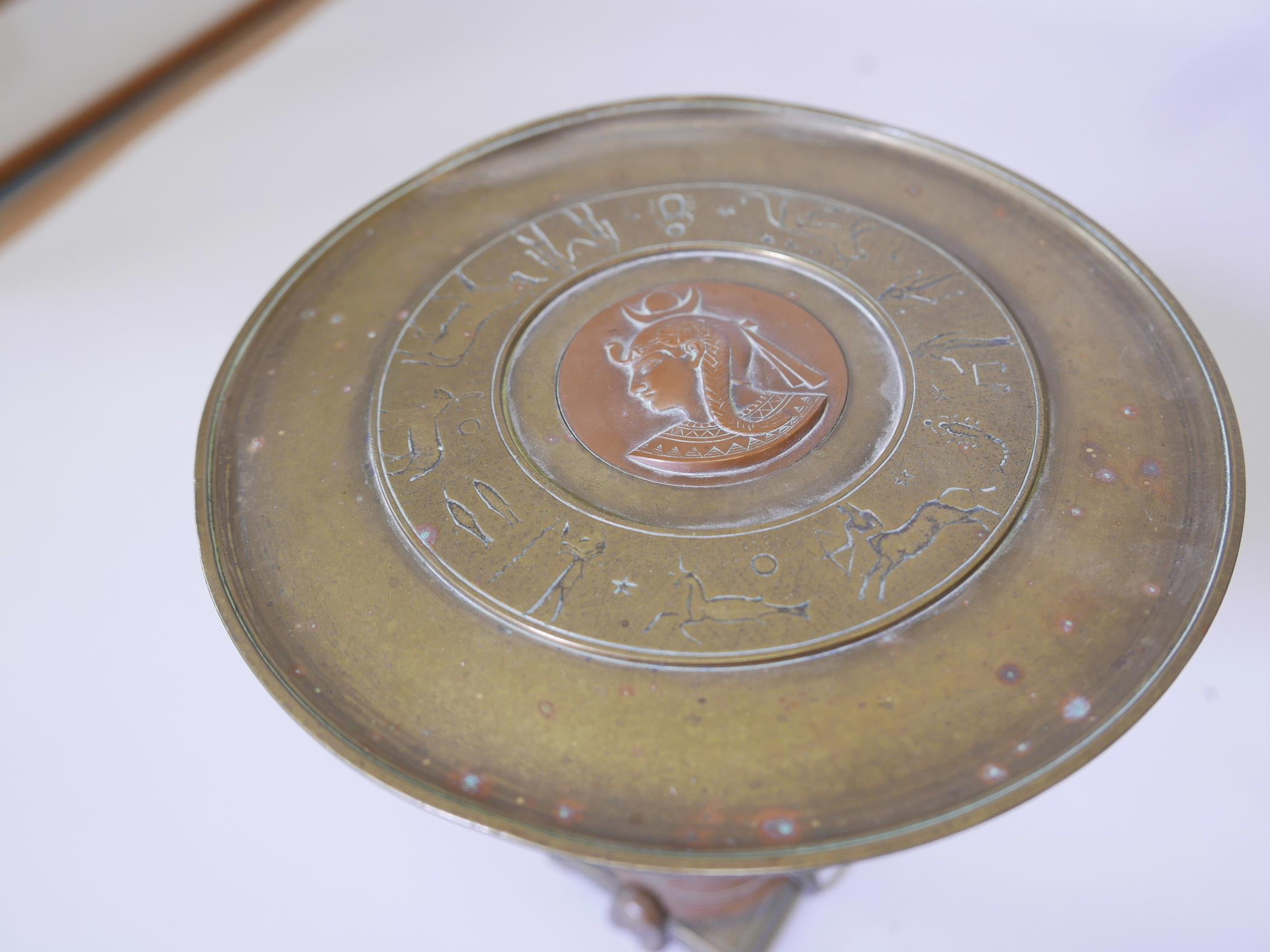 A French Art Deco brass and copper tazza, the top with engraved zodiac figures and a central - Image 3 of 6