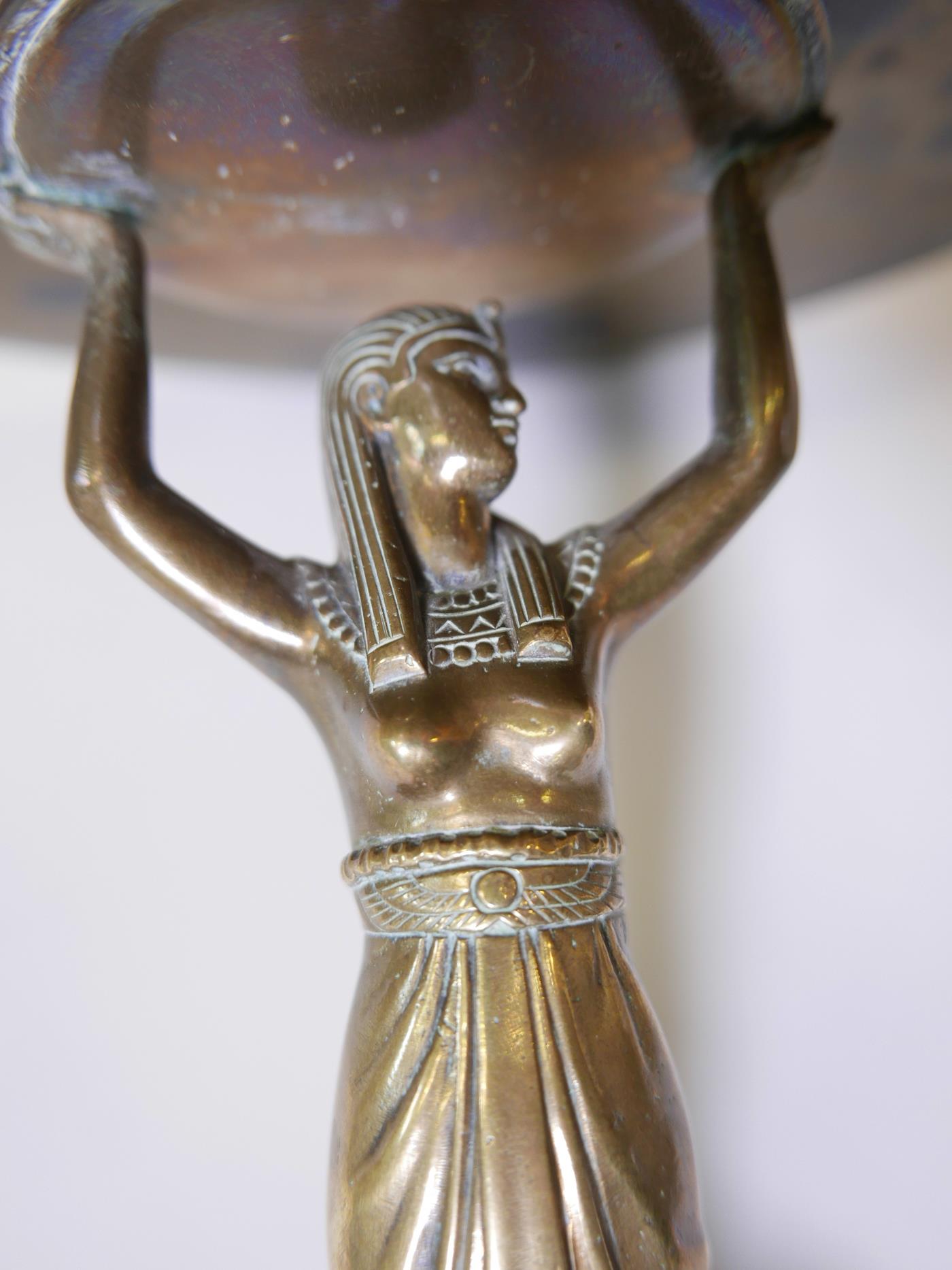 A French Art Deco brass and copper tazza, the top with engraved zodiac figures and a central - Image 5 of 6