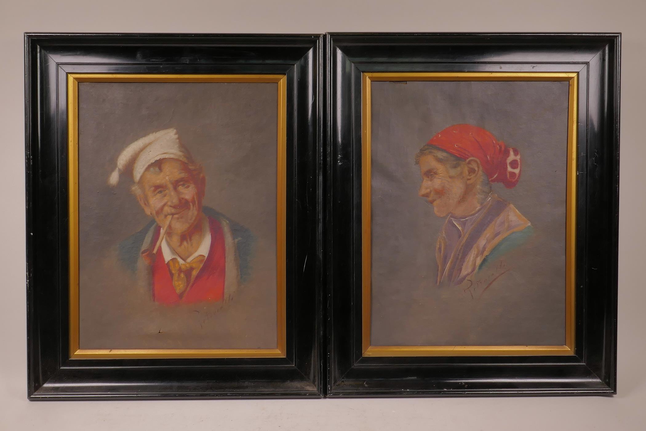 A pair of Italian portraits of a peasant lady and gentleman, both signed 'Petrocelli', oils on