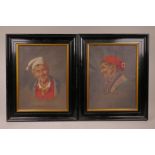 A pair of Italian portraits of a peasant lady and gentleman, both signed 'Petrocelli', oils on