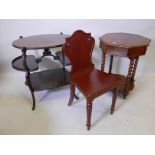 A Victorian mahogany three tier etagere, 30½" x 20" x 27½" high, a Victorian inlaid walnut two