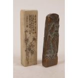 A Chinese soapstone seal with chased bamboo and character inscription decoration, together with a