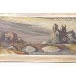 Leon Corbeau, Bridge over the Seine with Notre Dame on the far bank, oil on canvas, 24" x 12"