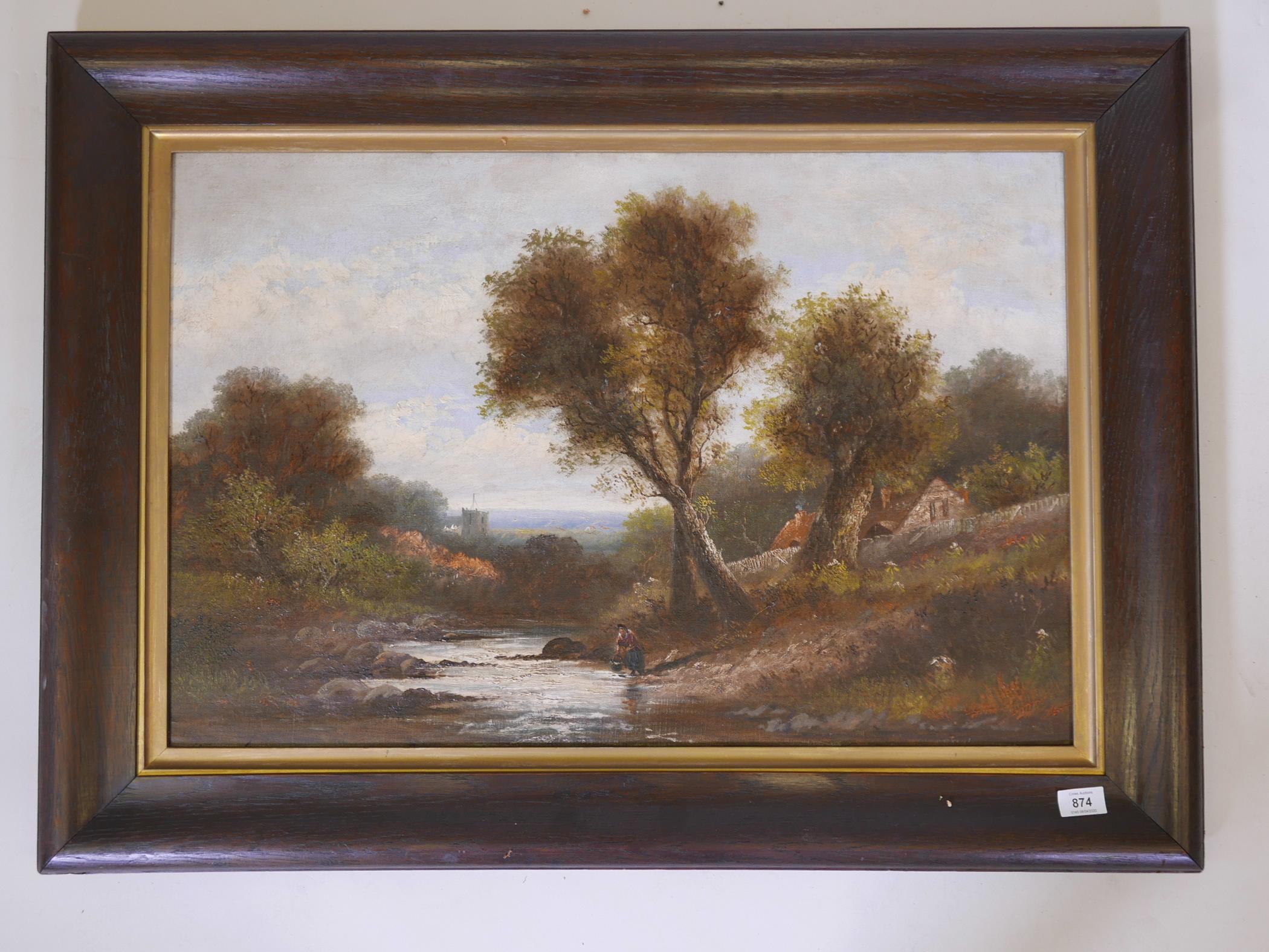 Attributed to E. Horton, landscape with woman by a stream, unsigned, 20" x 30" - Image 2 of 4
