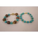 A turquoise and agar wood bead bracelet, and a turquoise bead bracelet, 7½" long