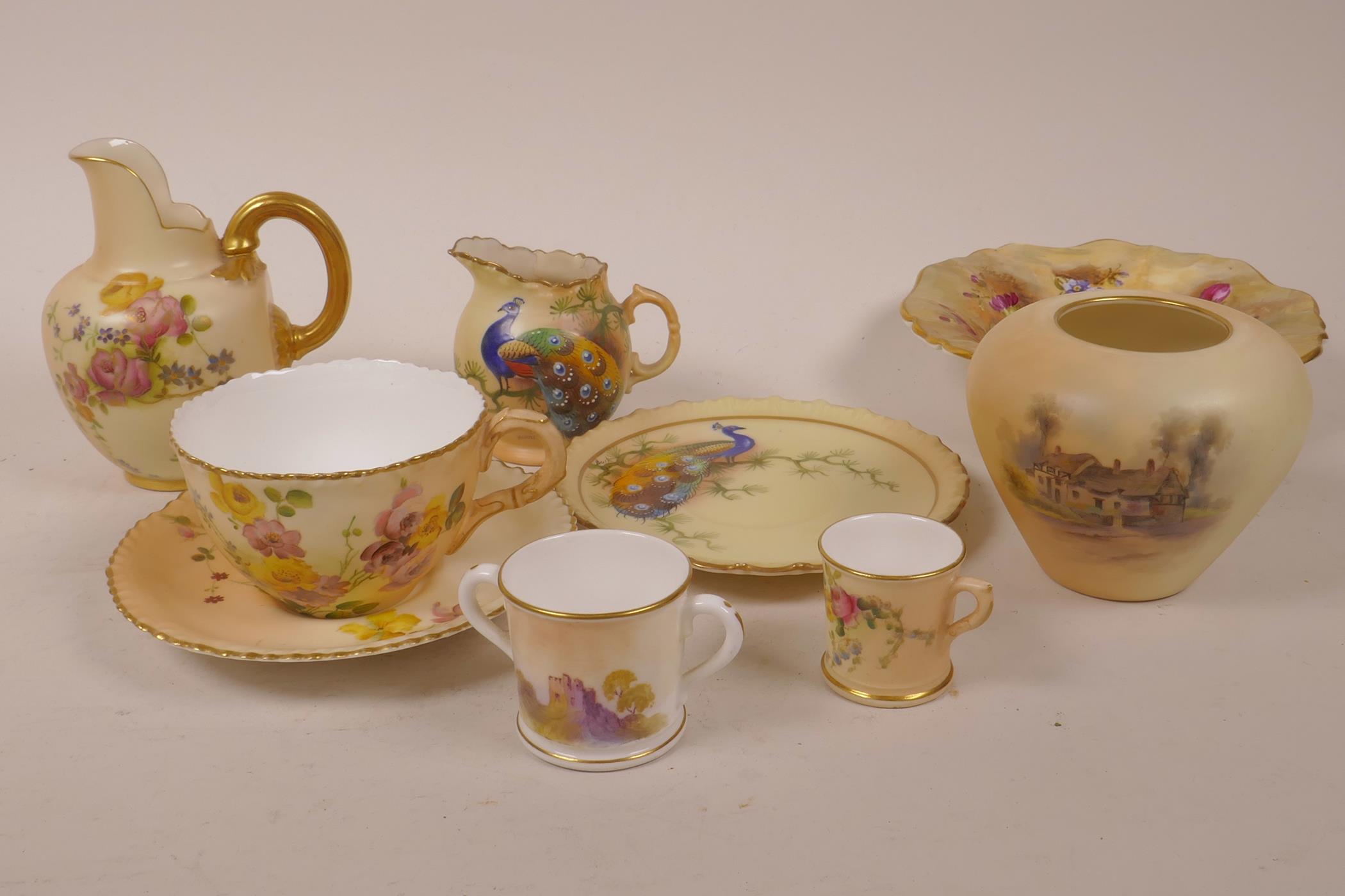 A collection of Royal Worcester porcelain, mainly blush ivory, to include a cream jug, pattern No.