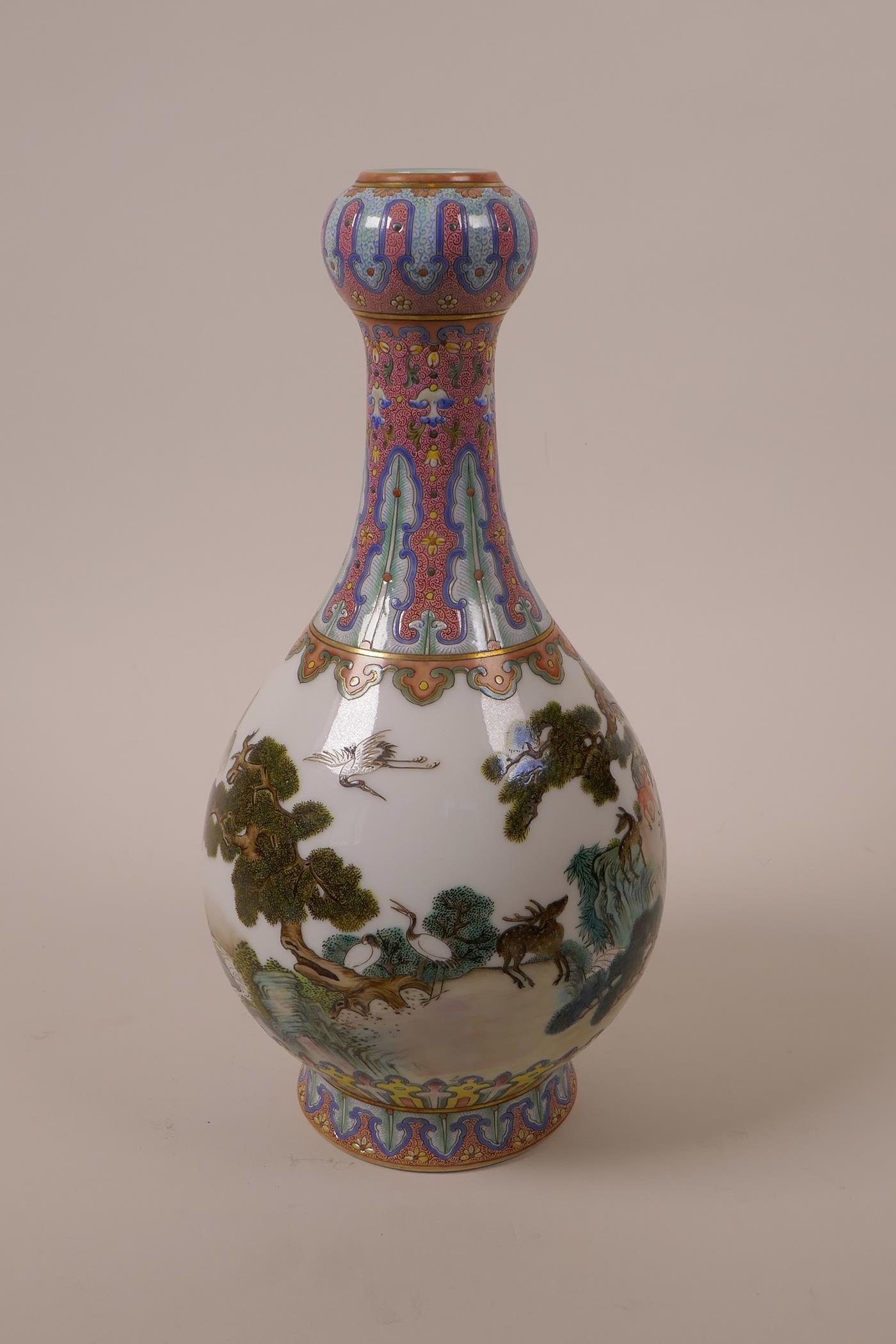 A Chinese polychrome porcelain garlic head vase, decorated with deer in a woodland, seal mark to - Image 2 of 5