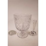 A cut glass, lead crystal pedestal vase, very good condition, 10" high, and a glass flower arranging