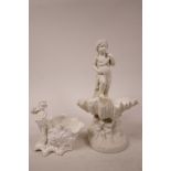 A Parian ware figurine of a classically dressed girl on a shell bowl, 10" high x 6" wide, and a