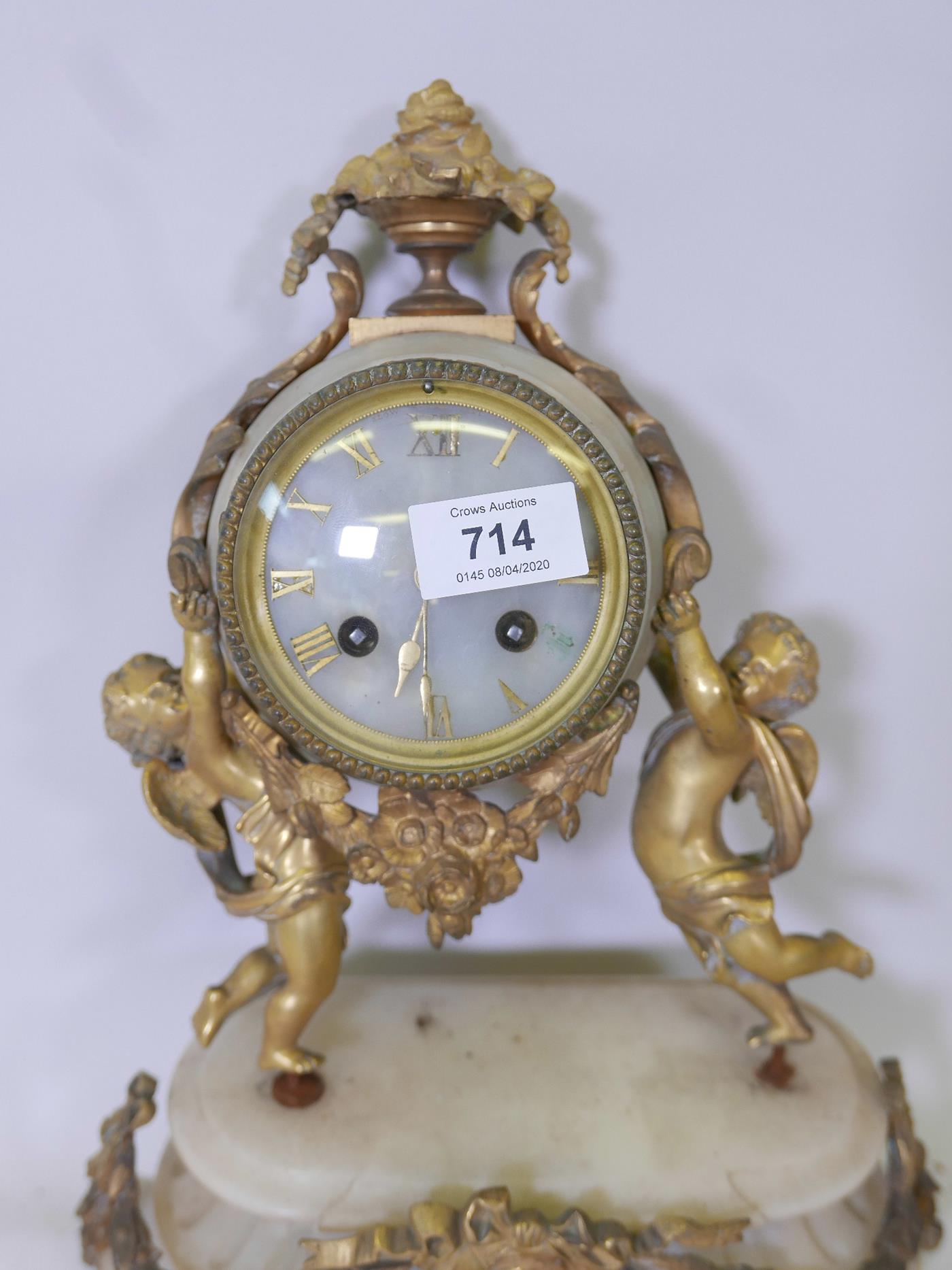 A French C19th alabaster and brass mounted mantel clock, the movement stamped Hy Marc. Paris, and - Image 2 of 4