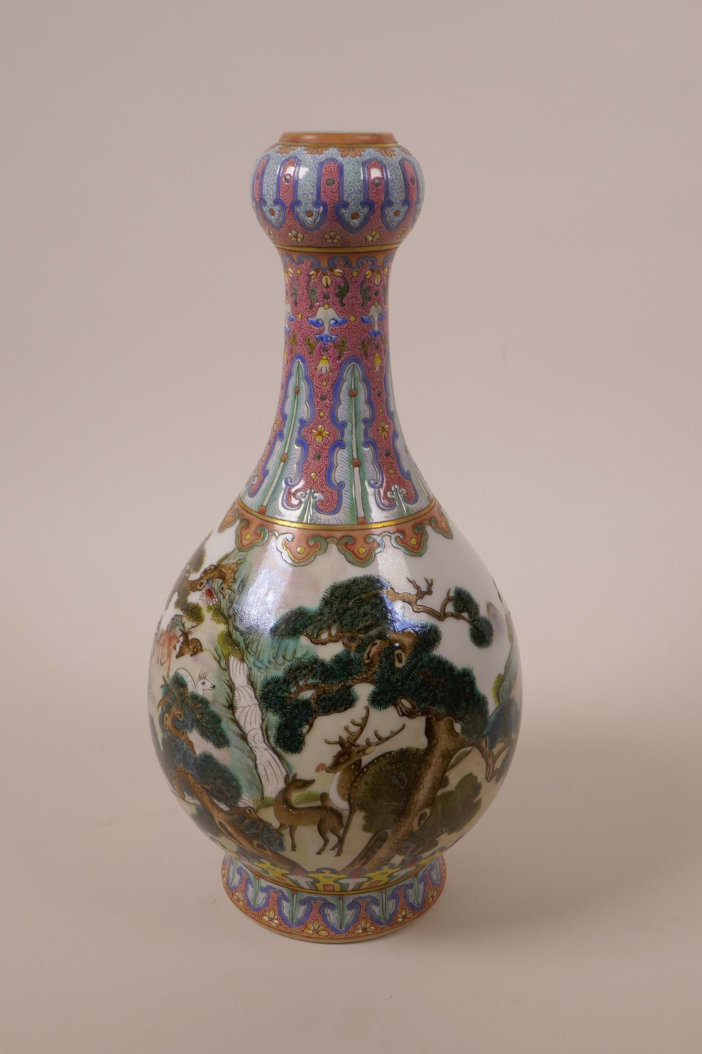 A Chinese polychrome porcelain garlic head vase, decorated with deer in a woodland, seal mark to - Image 4 of 5