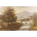 A C19th river scene with waterfall and sheep, oil on canvas, relined, 24" x 16"