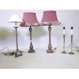 A pair of gilt composition table lamps, 31" with shades, a pair of chrome and brass lamps and bronze