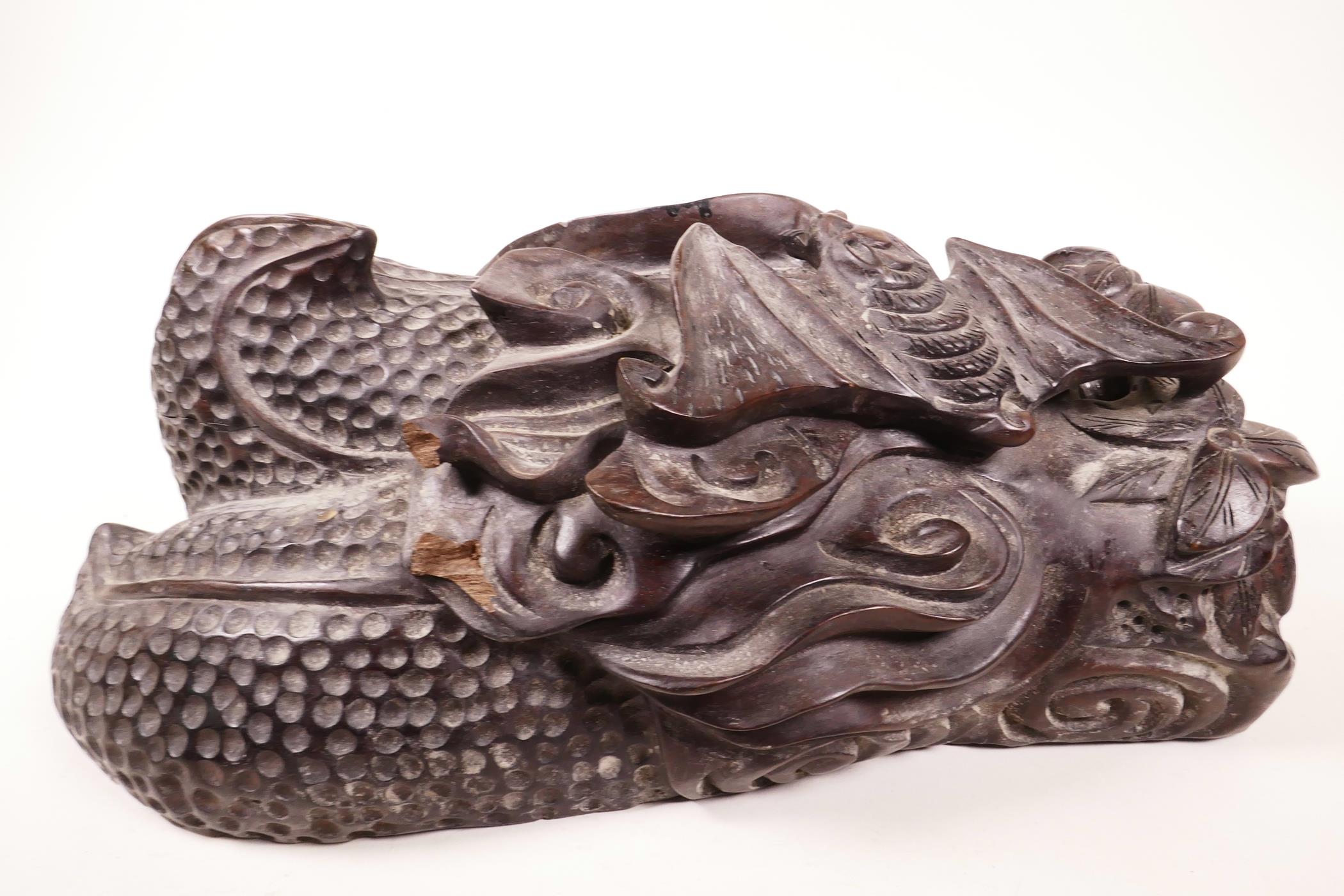 A Chinese hardwood carving of a bat and gourd, 14" long x 8½" wide - Image 6 of 7