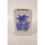 A Chinese blue and white porcelain square form brush pot, with decorative panels depicting ladies of