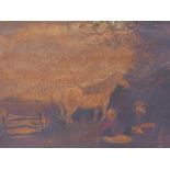 A C19th English naive oil painting on canvas, travellers at rest, 14" x 21"