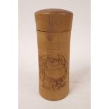 A Chinese bamboo brush pot and cover with incised decoration of a Buddha and calligraphy, 7½" high x