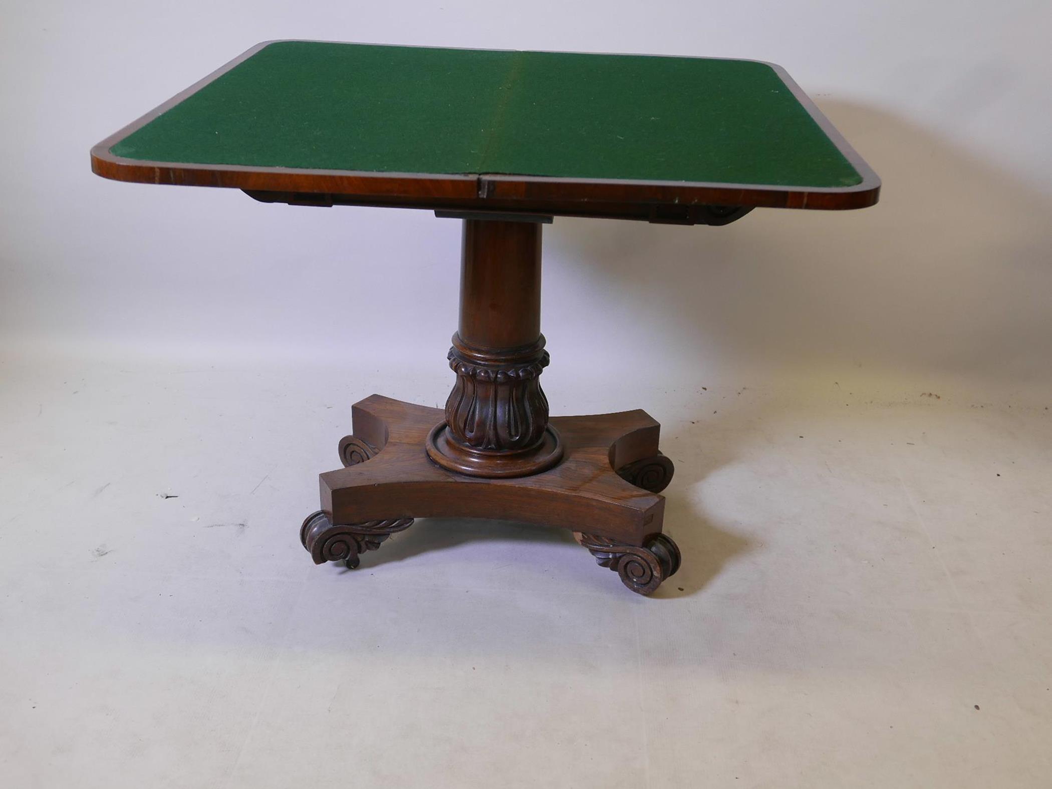 A William IV overgrained rosewood fold over card table, with inset baize top, raised on carved - Image 5 of 7