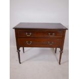 A Victorian inlaid mahogany two drawer dressing table, lacks upper section, 36" x 20" x 30"