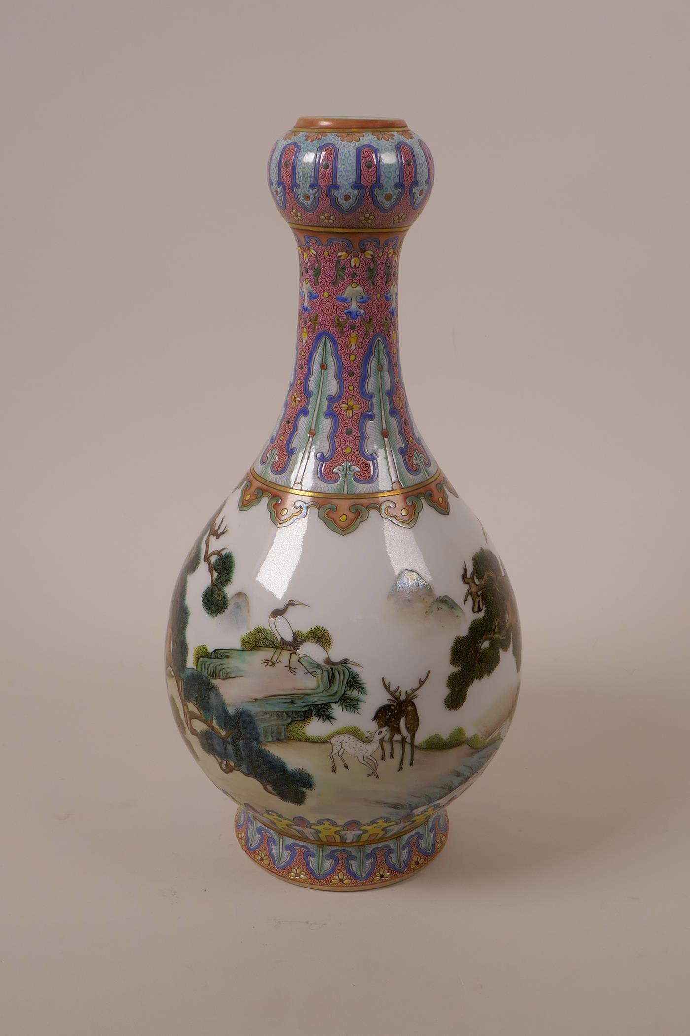 A Chinese polychrome porcelain garlic head vase, decorated with deer in a woodland, seal mark to - Image 3 of 5