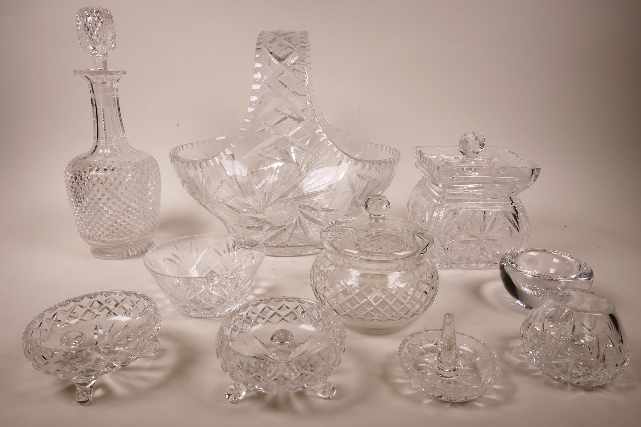 A lead crystal cut glass basket with traditional starburst design, 12" high x 12" long; an Edinburgh - Image 5 of 6