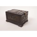 A Chinese hardwood jewellery box in the form of a chest, 7" x 5"