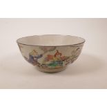 A Chinese crackle glaze pottery bowl with famille vert decoration of four warriors, six character
