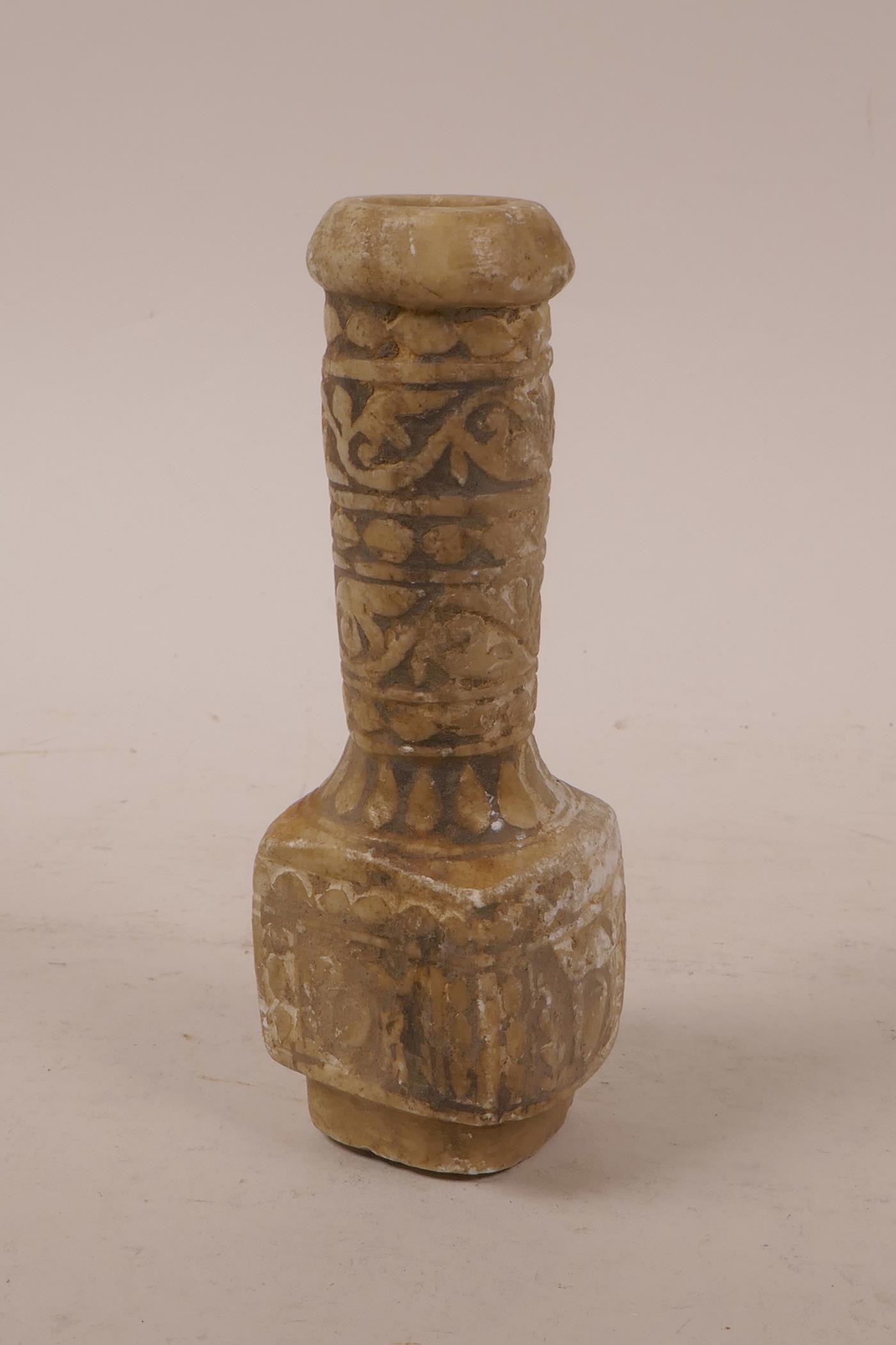 An Indo Persian soapstone spill vase with carved decoration of a crowned head, 5½" high - Image 3 of 4