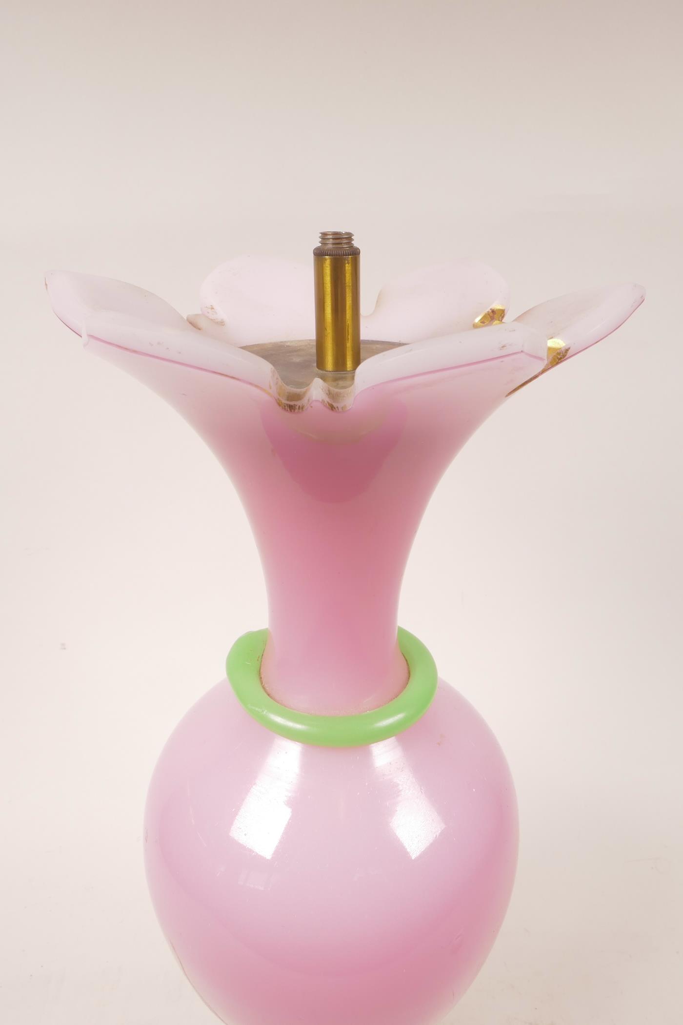 An opaline glass lamp with pink body and green trim, on a brass base (WF), 16" high x 6" wide - Image 2 of 6