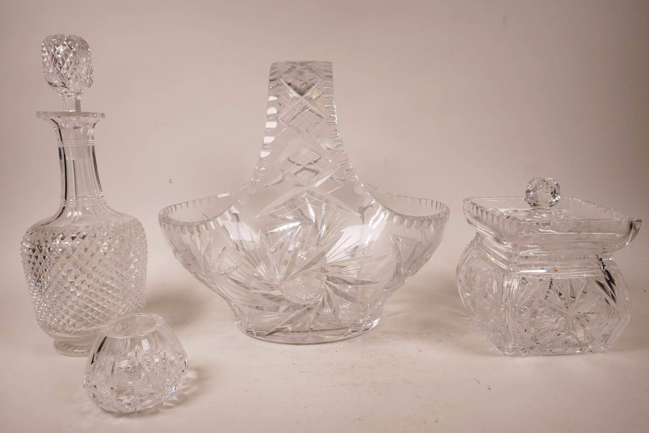 A lead crystal cut glass basket with traditional starburst design, 12" high x 12" long; an Edinburgh - Image 2 of 6