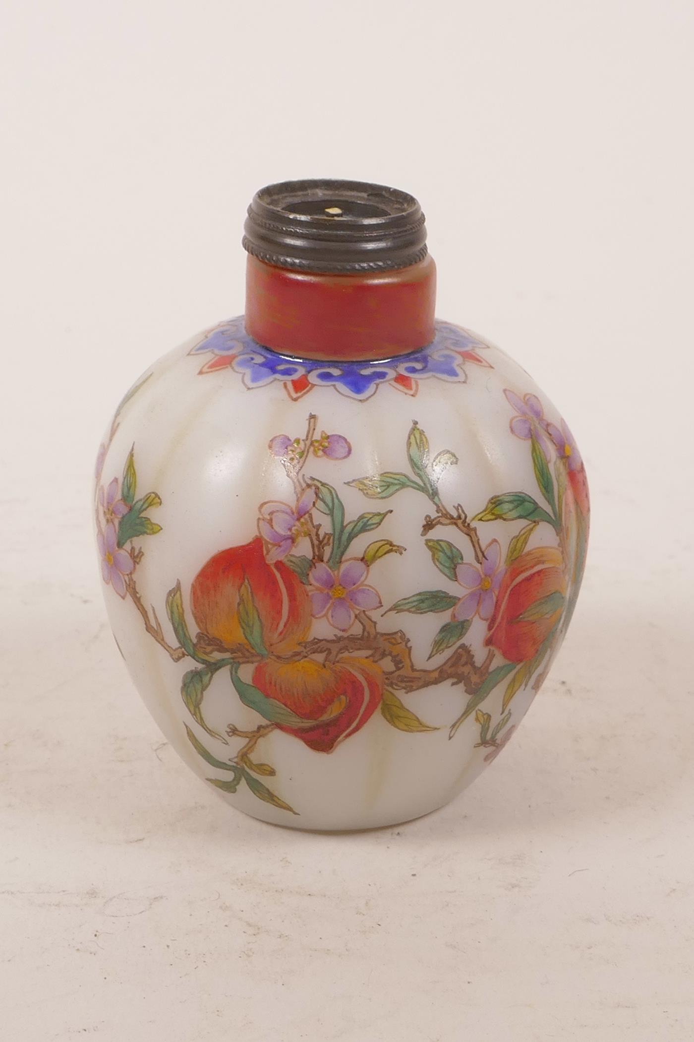 A Chinese enamelled glass snuff bottle in the form of a gourd, decorated with a fruiting peach tree, - Image 4 of 6