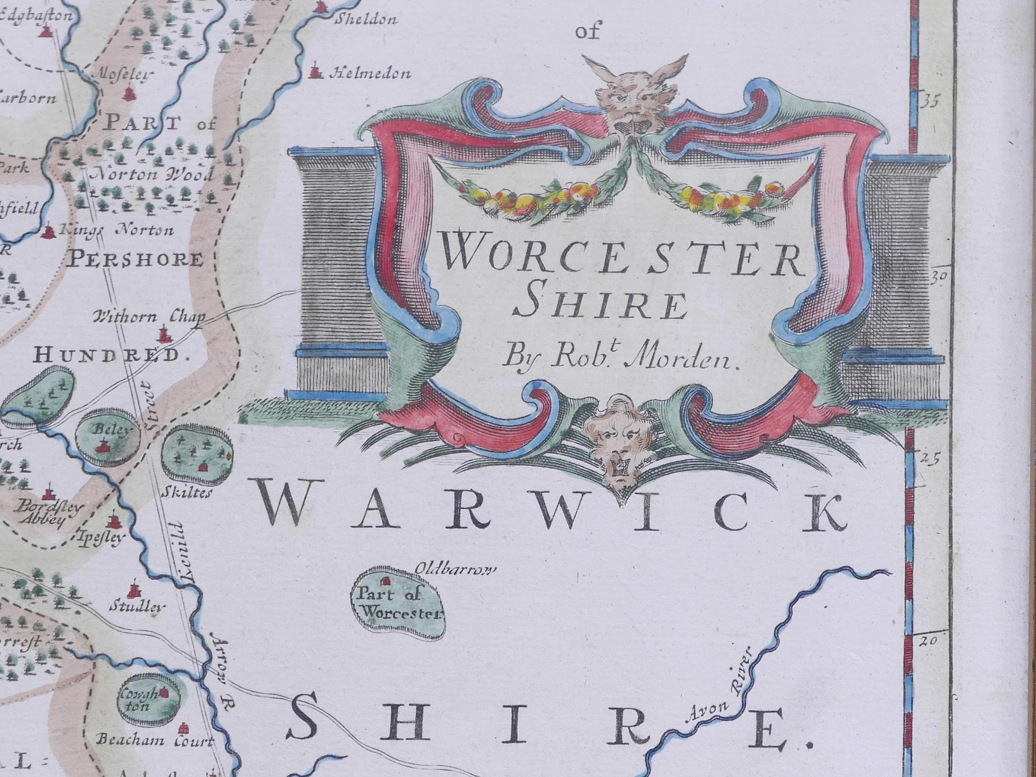 A Robert Morden hand coloured map of Worcestershire, 17" x 15" - Image 2 of 2