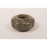 A Chinese carved spinach hardstone water holder of ribbed form, 2" diameter