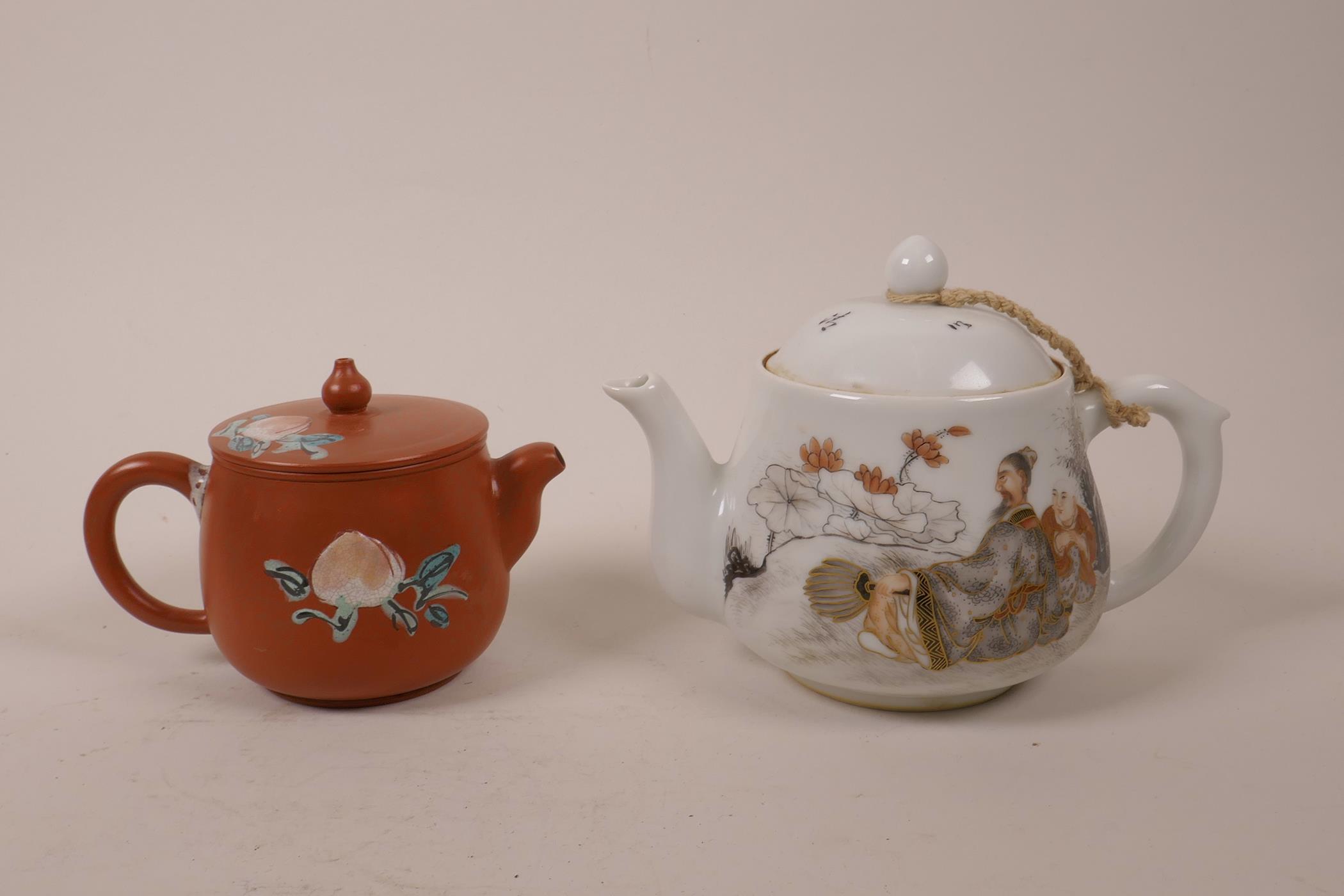 A Chinese Yixing teapot with enamelled peach decoration, together with a porcelain teapot