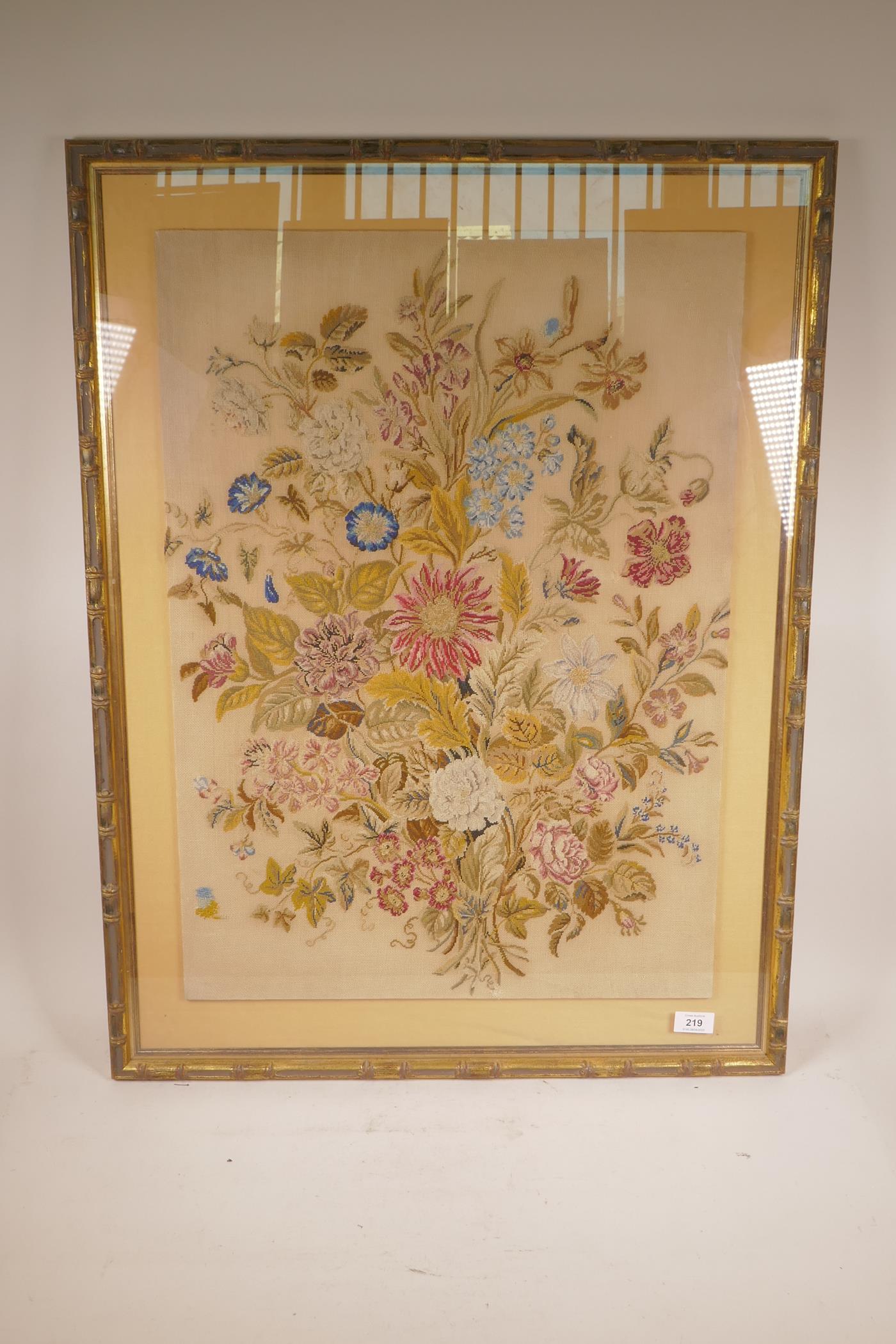 An early C20th tapestry, a bouquet of summer flowers, in a gilt frame, 20" x 28" - Image 2 of 2