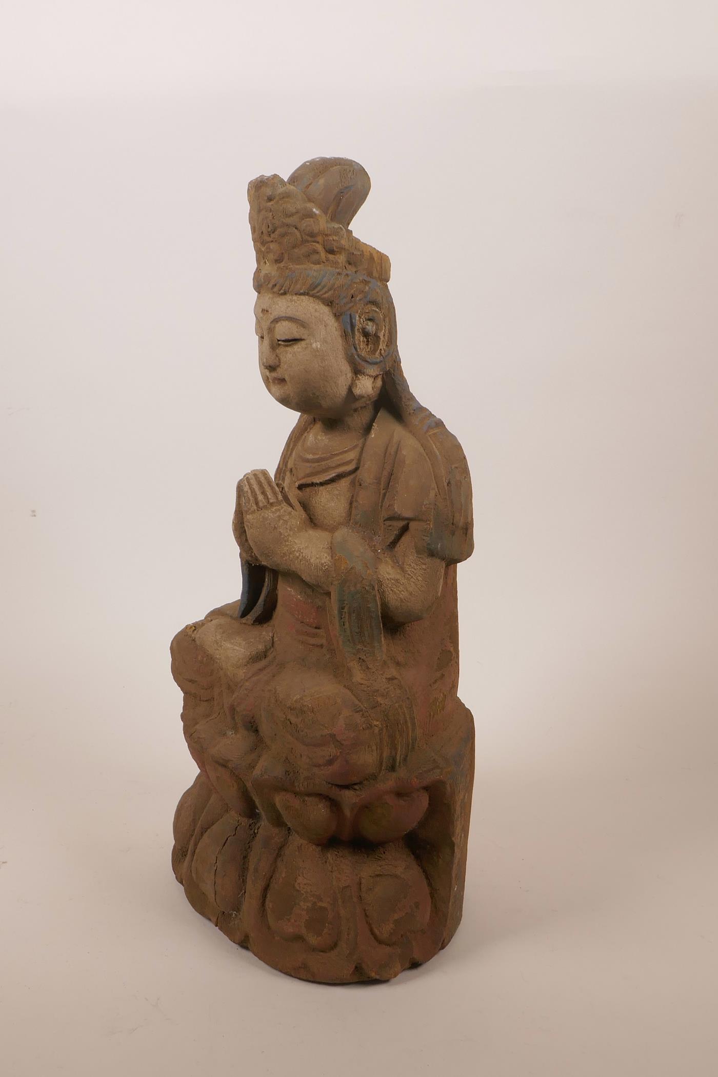 A Chinese carved and painted wood figure of Buddha seated in meditation, 14½" high - Image 2 of 6