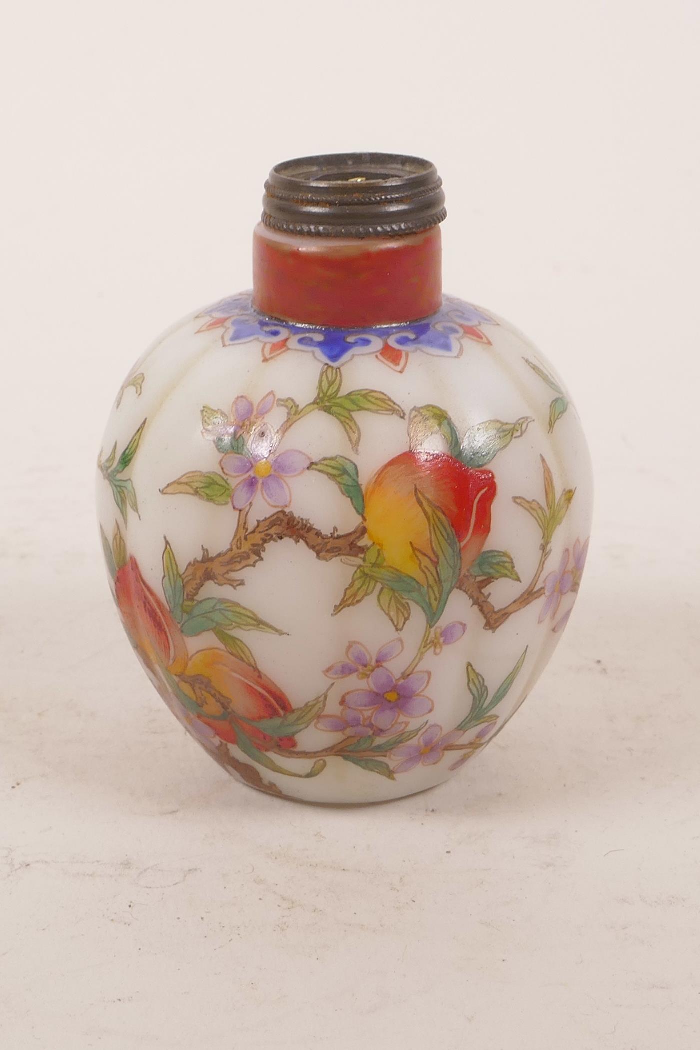 A Chinese enamelled glass snuff bottle in the form of a gourd, decorated with a fruiting peach tree, - Image 2 of 6