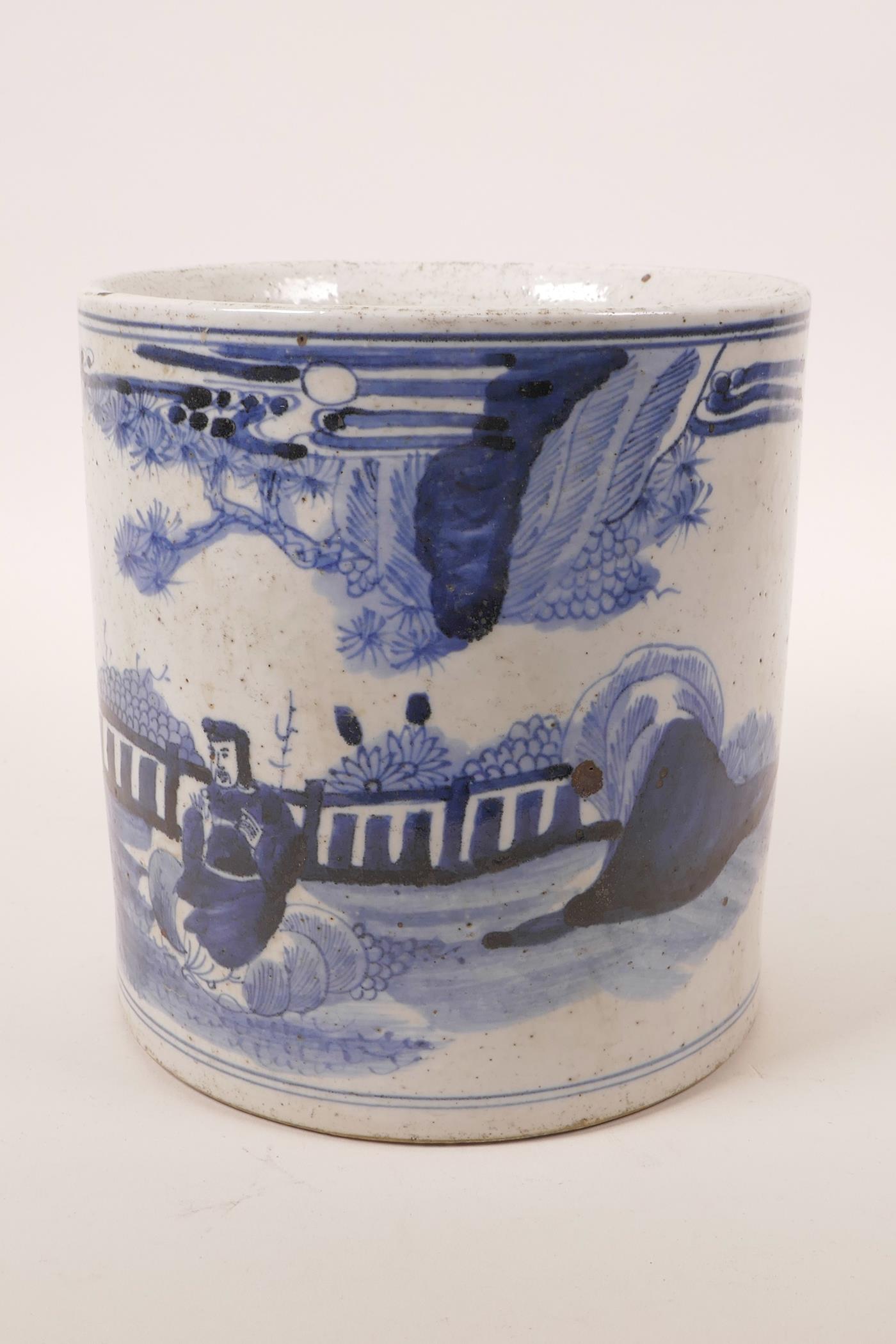 A Chinese blue and white pottery brush pot decorated with figures in an ornamental garden, 7" high x - Image 3 of 5