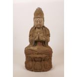 A Chinese carved and painted wood figure of Buddha seated in meditation, 14½" high