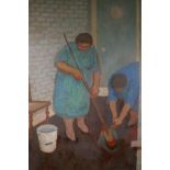 In the manner of Prunella Clough, cleaners, oil on board, 26" x 36"