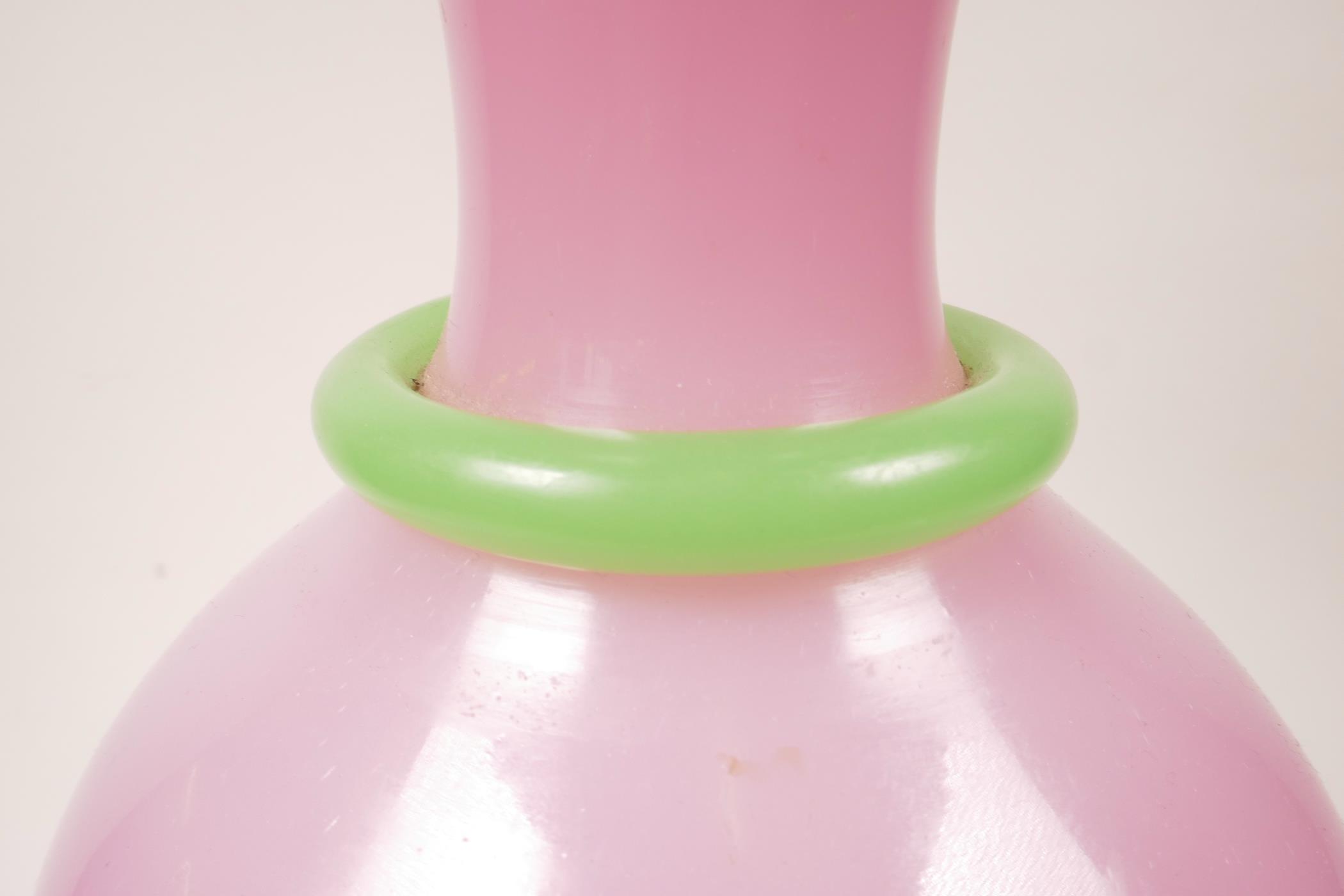 An opaline glass lamp with pink body and green trim, on a brass base (WF), 16" high x 6" wide - Image 4 of 6