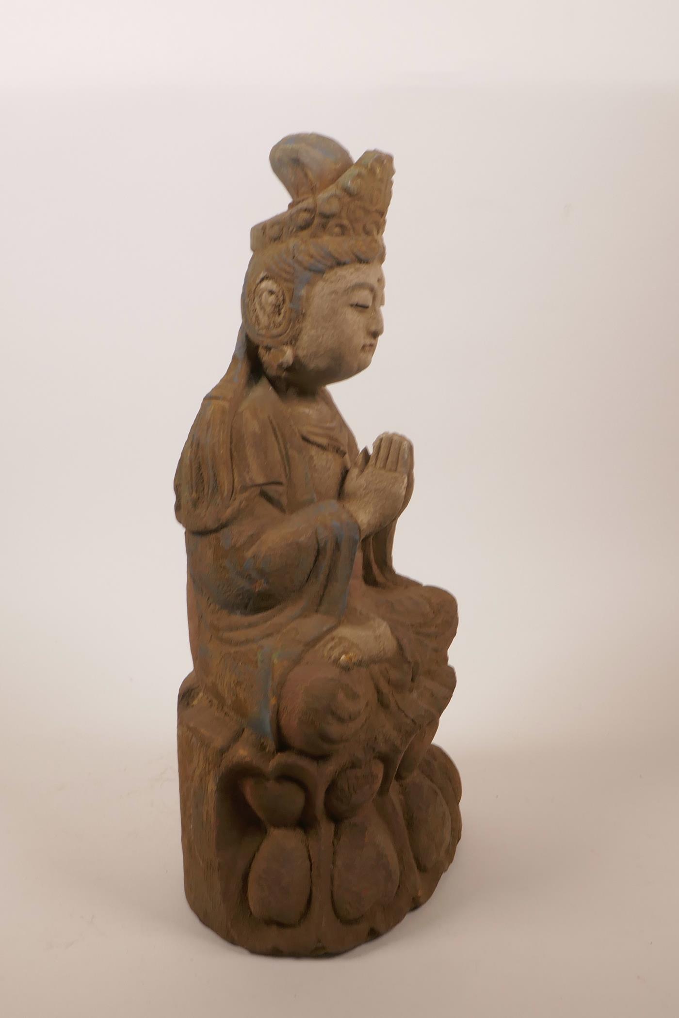 A Chinese carved and painted wood figure of Buddha seated in meditation, 14½" high - Image 4 of 6