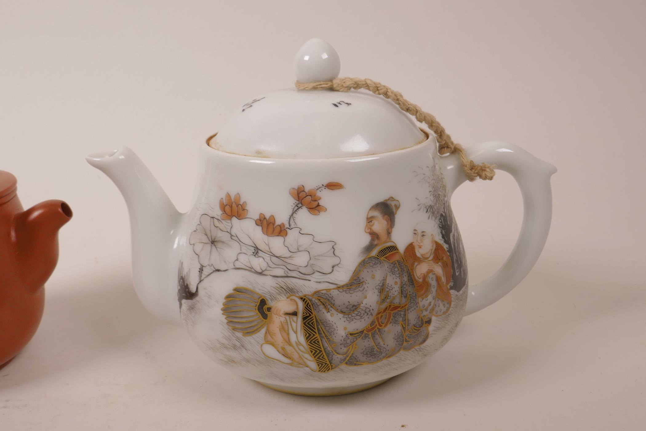 A Chinese Yixing teapot with enamelled peach decoration, together with a porcelain teapot - Image 2 of 7