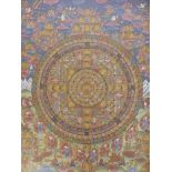 A hand painted thangka with gilt highlights, C20th, 18" x 14"