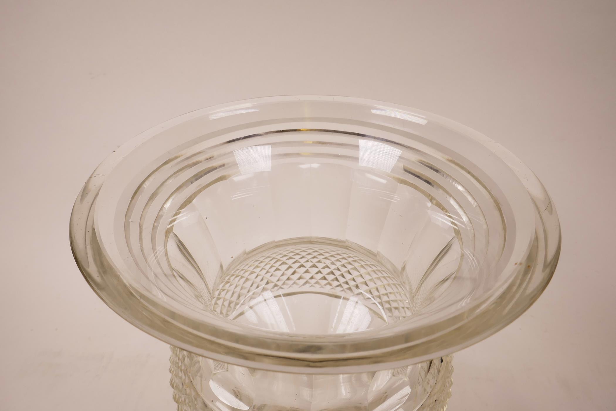 A large Georgian Anglo-Irish diamond cut, lead glass pedestal vase/urn, A starburst cut base, - Image 3 of 5