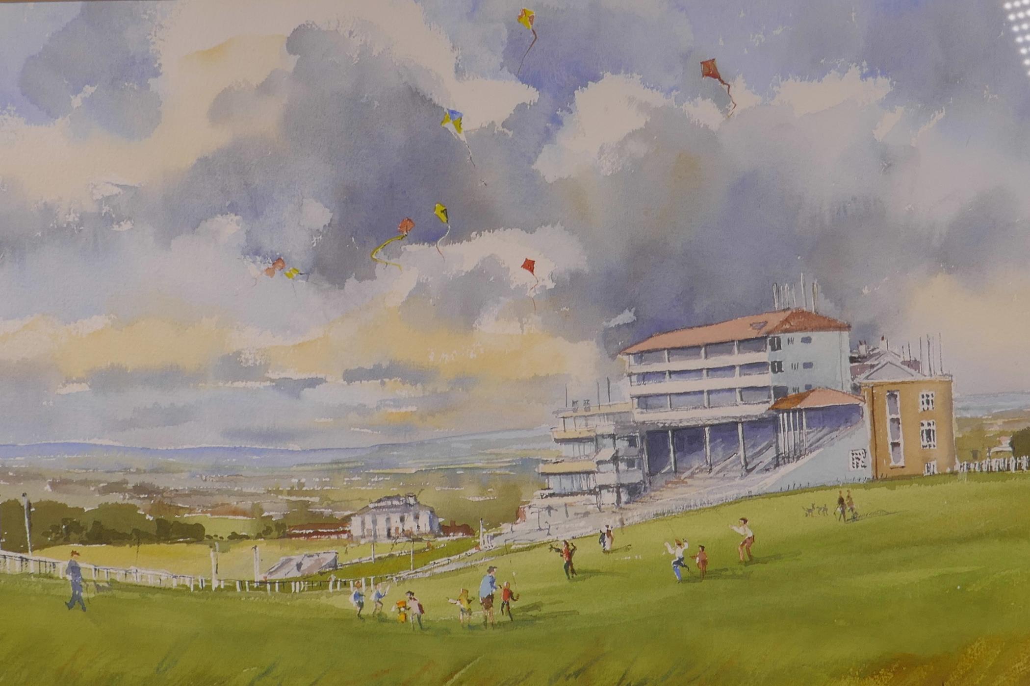 Douglas Baldwin, Flying Kites on Epsom Downs, signed and dated '94, watercolour, 20" x 13"